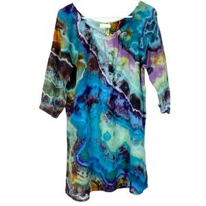 CP Shades Geode Tie Dye Linen Dress Women Small Blue Henley Lightweight Handmade